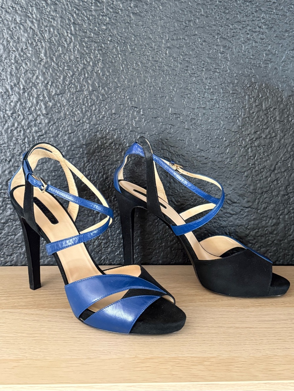 Longchamp suede leather straps heels sandals blue black-40